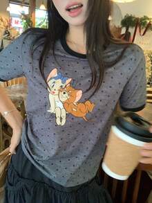 TOM AND JERRY X DAZY 女款圓領波點韓系卡通印花休閒短袖T恤圖案上衣 - 灰色 - 查看 7