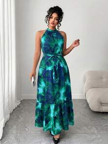 SHEIN Elenzya Đầm maxi cỡ lớn in họa tiết hoa nhiều màu sắc, không tay, cổ yếm, thích hợp cho kỳ nghỉ. - Nhiều màu - Xem 7