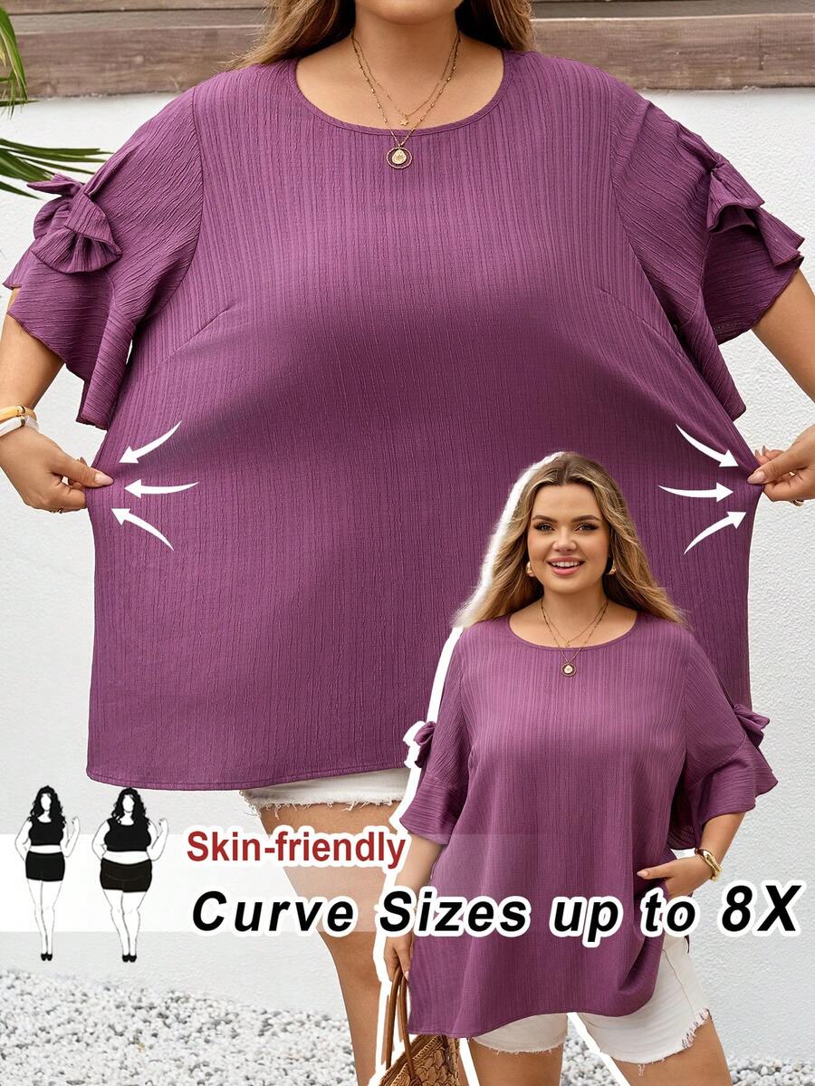 SHEIN CURVE+ Curve 尺码 US22 音乐节、海滨度假、波西米亚风女士蝴蝶结装饰圆领紫红色衬衫，夏季 - 彩色 - 查看 1