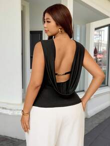 Vionelle Plus Size Casual Elegant Backless Tank Top Date Night Black And Gold Summer - Black - View 5