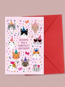 1pc Cute Cat Design Birthday Greeting Card, Suitable For Cat Lovers To Send To Family, Partner, Friends, And Colleagues (Random Envelope Color Included) Back To School,Back To School,School Supplies - pink - View 2