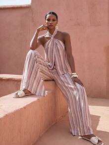 Zivah 2026 Pink And White Striped Cotton Linen Two Pieces Set,Summer Casual Holiday Vacation Elegant Halter Top And Wide Leg Pants Bohemian Beachwear - Pink - View 4