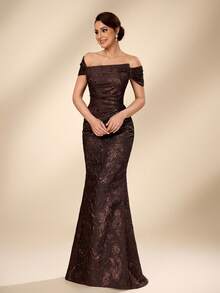 Serin Plus Size Elegant Luxurious Coffee Off Shoulder Fitted Mermaid Hem Dress, Suitable For All Formal Occasions, Mother Of The Bride Gown - Coffee Brown - View 7