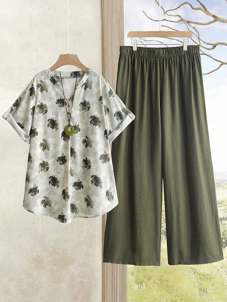 Plus Size Women Floral Print Short Sleeve Shirt And Pants Casual 2 Piece Set Summer Summer Outfit For Women Festival Outfits For Women Beach Outfits For Women Vacation Outfits Women Holiday Outfits  For Women Country Concert Outfit Casual Sets For Women
