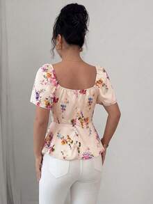 Elenzga Elegant Romantic Printed Ruffle Collar Fitted Women Blouse - Multicolor - View 2
