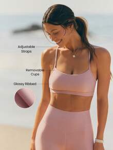 GLOWMODE Bra Olahraga Bertekstur Berkilau dengan Lapisan Mengkilap, Tali Bahu yang Dapat Diatur, dan Cup yang Dapat Dilepas, Tali Bahu yang Dapat Dilepas, Cocok untuk Yoga, Pilates, Studio, dan Pemakaian Sehari-hari dengan Dampak Rendah. - Dusty Pink - View 2