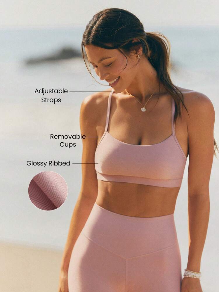 Shimmer Ribbed Shiny Finish Adjustable Strap Sports Bra With Removable Cups Detachable Straps Low Impact Yoga Pilates Studio Daily Wear