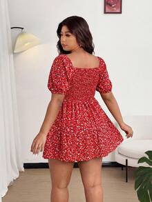 Flirla Plus Size Women Floral A-Line Mini Dress For Vacation - Red - View 2
