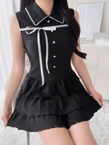 FRIFUL Đầm hè dáng rộng không tay, buộc dây, nhiều lớp dành cho nữ. - màu đen - Xem 5