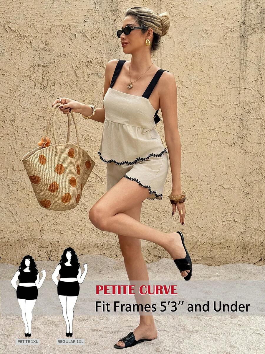 SHEIN PETITE CURVE 大码女式法式夏季蝴蝶结露背两件套 - 女式扇形无袖上衣和短裤套装,女式夏季休闲性感度假撞色露背系带钩花边吊带背心和短裤两件套,适合夏季、春季、假期、派对、海滩、婚礼、毕业典礼、郊游、舞会、生日等场合,优雅、度假、休闲、正式。 - 杏色 - 查看 1