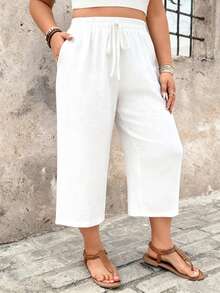 SHEIN Holidaya Quần dài nữ cỡ lớn kiểu dáng thường ngày, quần lửng 7/8 thoải mái, chất liệu có họa tiết, thích hợp cho kỳ nghỉ xuân/hè ở vùng quê. - trắng - Xem 6