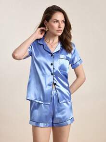 Hourtrue Contrast Binding Satin PJ Set / Pajama Setfor Summer - Baby Blue - View 5