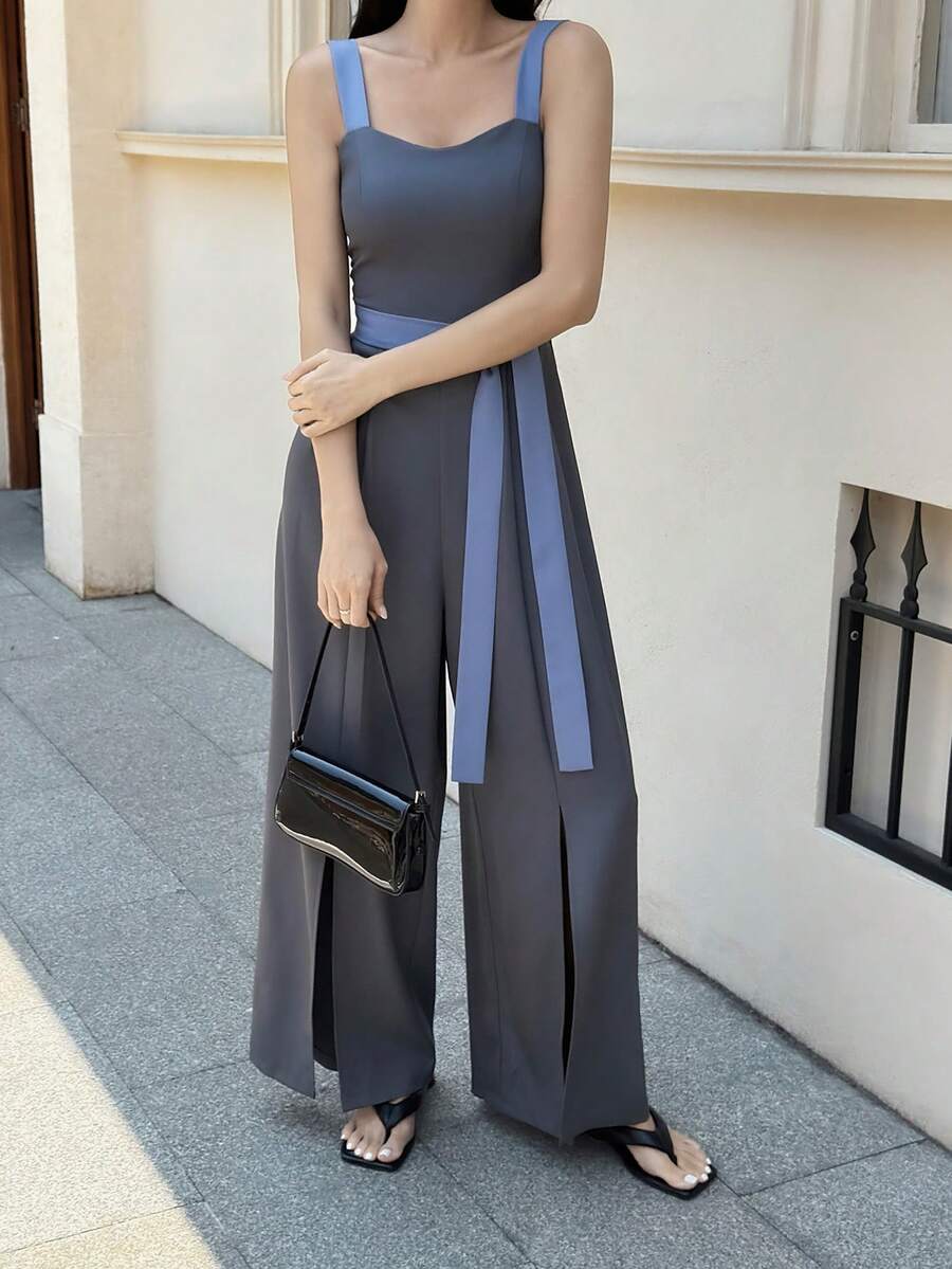 DAZY Women's Summer Casual Vacation & Commute Contrast Color Belted Jumpsuit - Blue - View 1
