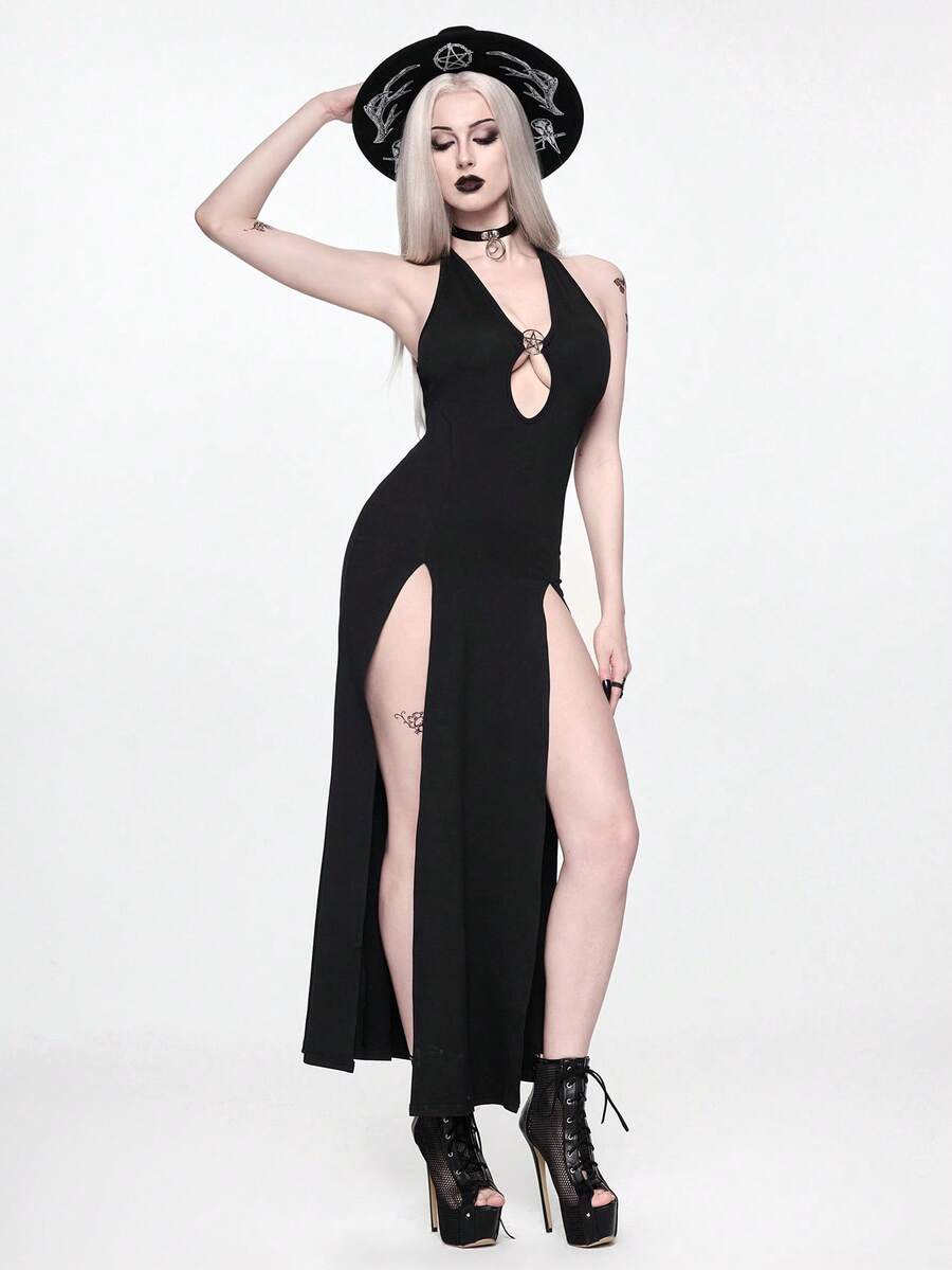 ROMWE Goth 夏季海滩装扮 暗黑哥特性感高开衩五角星镂空紧身连衣裙 - 黑色 - 查看 1