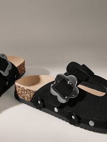 CUCCOO Women Casual Versatile Plush Round Toe Fluffy Flat Slippers For Christmas - Black - View 5