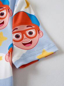 Blippi X SHEIN Young Boy Comfortable Cartoon Print Short Sleeve T-Shirt And Pants Pajama Set, Summer - Multicolor - View 7