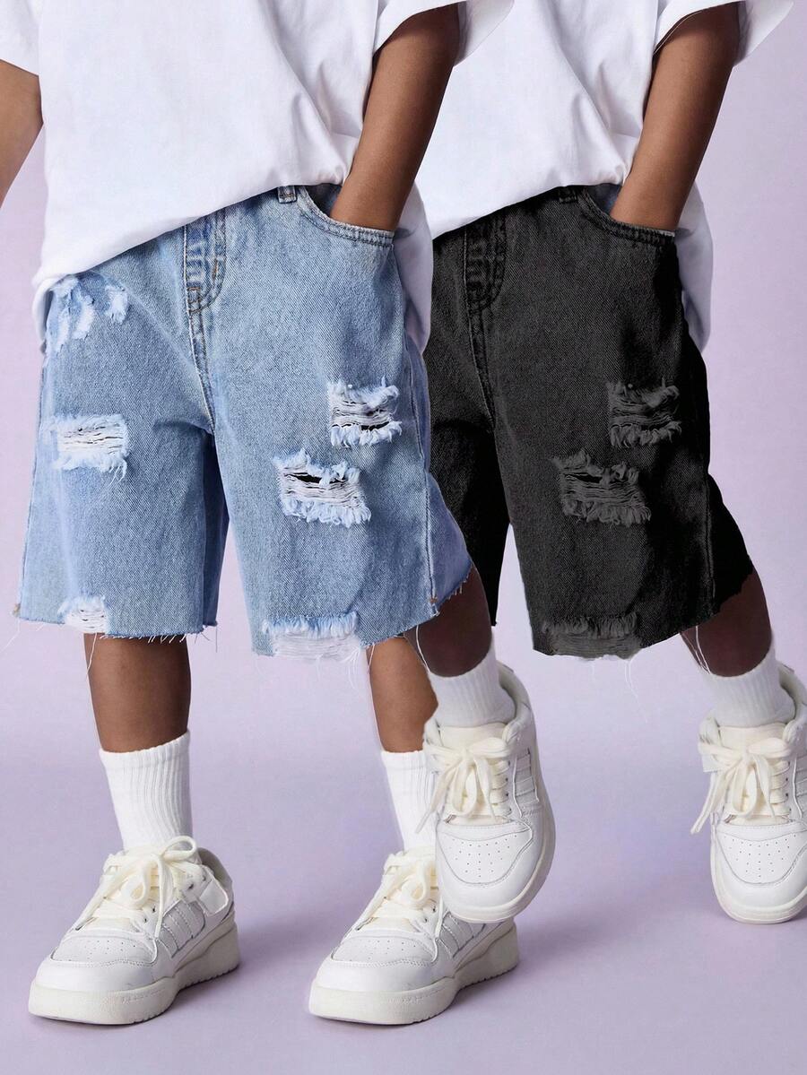 Bộ 2 quần short denim rách dáng rộng màu xám và xanh dương dành cho bé trai. - Nhiều màu - Xem 1