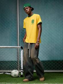 EVRINFINITE Men's Brazil 10 Numeral & Letter Print Striped T-Shirt - Yellow - View 3