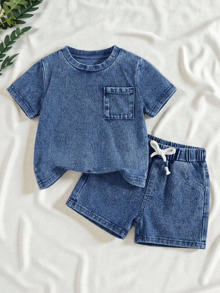 SHEIN 2pcs Baby Boy Knit Denim Loose Top And Shorts Set, Blue - Medium Wash - View 1