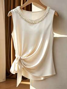 Selianne Fashionable Elegant Round Neck Sleeveless Spring/Summer Tie-Front Satin Tank Top For Women - Apricot - View 1