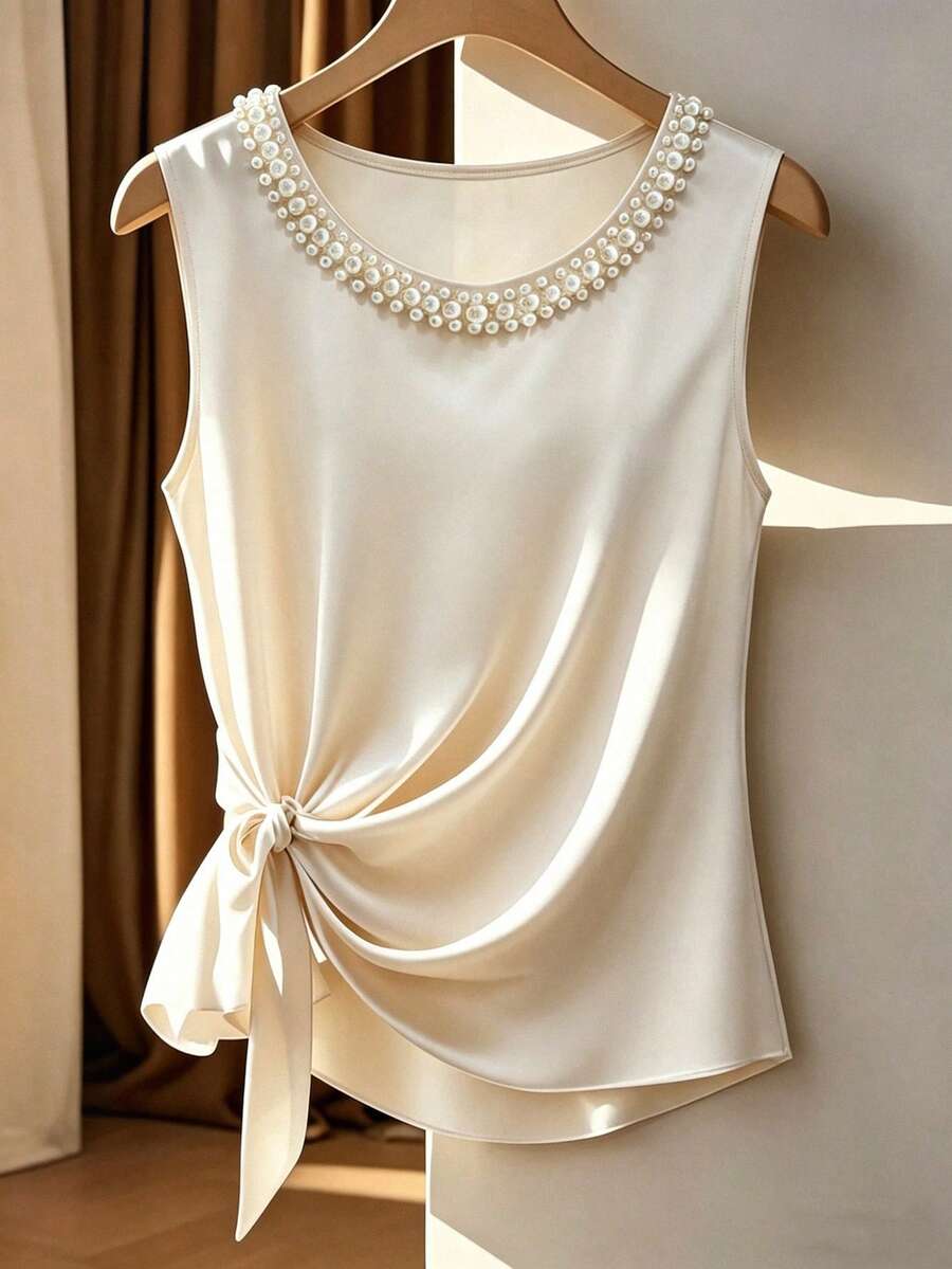 Selianne Fashionable Elegant Round Neck Sleeveless Spring/Summer Tie-Front Satin Tank Top For Women - Apricot - View 1