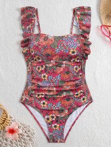 SHEIN Swim Lushore Áo tắm liền thân mùa hè dành cho nữ, họa tiết hoa ngẫu nhiên, viền bèo nhún, kiểu quây ngực và xoắn phía trước, thích hợp cho kỳ nghỉ biển. - Nhiều màu - Xem 6