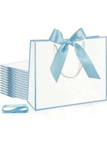 10 Horizontal Kraft Paper Gift Bags With Bow And Ribbon Handles, Suitable For Wedding Bridesmaids To Return Gifts, Unisex, Suitable For Birthdays, Weddings, Bridesmaid Party Returns, Retail Shopping (White And Blue) - multicolor - View 2