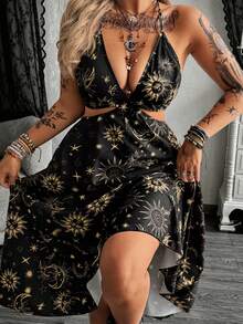 Flirla Plus Size Sexy Backless Halter Starry Sky Print Dress For Vacation - Black - View 1