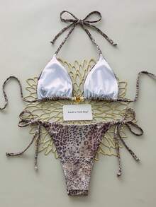 Swim Chiccia Women's Sexy Leopard Print Halter Tie Bikini Set, Elegant Beach Swimwear, Spring/Summer - Multicolor - View 2