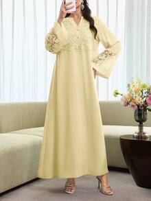 Al Najma V-Neck Flare Sleeve Patchwork Embroidered Floral Trim Robe, Spring/Summer - Yellow - View 6
