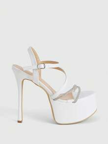 CUCCOO LuxiPop Sandalias de tacón alto para mujer, sandalias blancas con tiras de diamantes, suelas gruesas de tacón alto, uso para fiestas de moda, estilo de fiesta en discoteca, adecuado para primavera y verano, temporada de vacaciones estilo 2000, ambiente de vacaciones, ropa de verano, artículos esenciales de viaje - Blanco - Ver 2