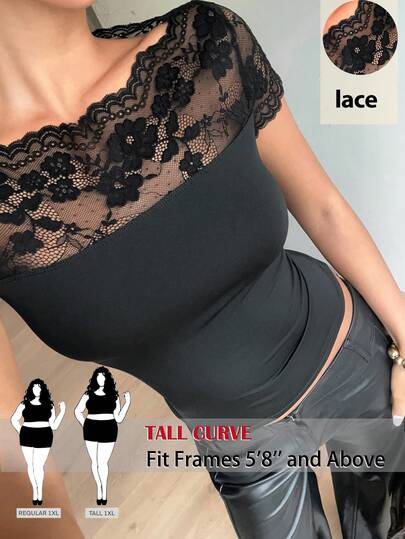 SHEIN Tall CURVE 大码女式黑色蕾丝边修身短袖上衣，高弹面料，优雅圆领打底衫，显瘦百搭，性感网纱蕾丝T恤，露肩蕾丝边上衣，黑色薄纱蕾丝衬衫