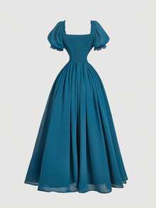 Skyraze Vintage Blue Oil Painting Print Puff Sleeve Chiffon Dress - Dusty Blue - View 5