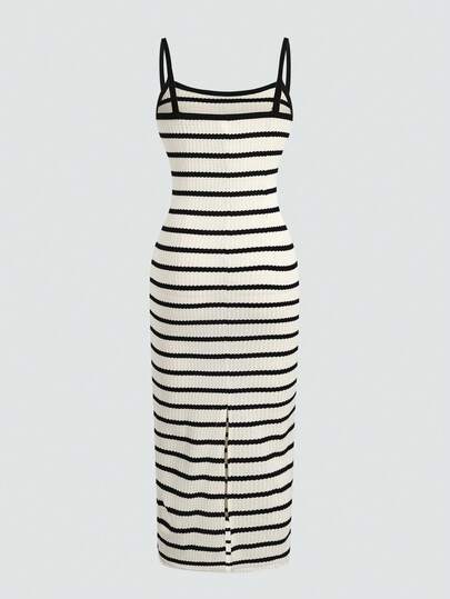 SHEIN Girlism Teen Girls Summer New Textured Black And White Striped Camisole Dress Casual Daily Fashion Versatile Cool Vintage Streetwear Sister Photo Park Camping Travel Party