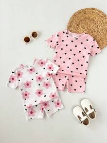 SHEIN 4件套可爱休闲针织女童爱心花朵图案短袖家居服套装 - 粉色 - 查看 4