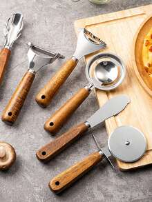 SHEIN 1pc Rosewood Kitchen Tool Set, Stainless Steel Peeler, Cheese Grater, Pizza Cutter, Baking Tools - Multicolor - View 5
