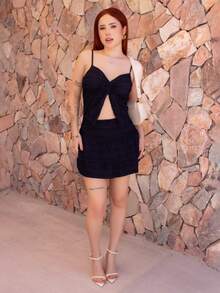 SHEIN Sweetro Bộ 2 món: Áo crop top xoắn bèo nhún kiểu Pháp ngọt ngào và chân váy chữ A nhún bèo, dành cho nữ, Xuân/Hè - Màu xanh hải quân - Xem 5