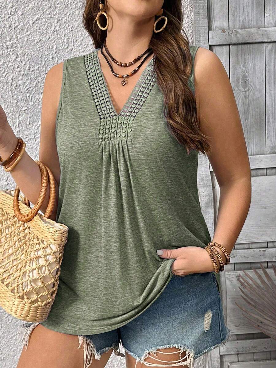 EMERY ROSE Áo tank top dệt kim không tay cổ chữ V phối ren, màu trơn, dáng rộng dành cho nữ, cỡ lớn. - màu xanh lá - Xem 1