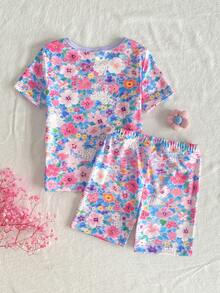 2pcs/Set Girls' Lightweight Cute Floral Print Soft Stretchy Short Sleeve Pajama Set, Summer Holiday Light Pink Floral Cute Snug Fit Sleeping Cute - Purple - View 3