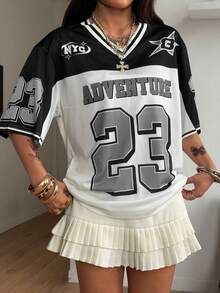Coolane 女士夏季街头风外出休闲运动印花透气网眼宽松针织T恤 - 灰色 - 查看 4