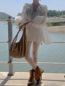 DAZY Women's Solid Color Long Sleeve Loose Fit Shirt Vacation - White - View 9