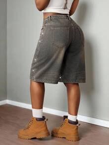 SHEIN Slayr Quần short denim nữ mùa hè kiểu dáng thường ngày, đính đá lấp lánh. - Rửa trung bình - Xem 2