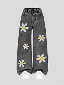SHEIN Y2K复古做旧灰色牛仔裤，适合青少年女孩，松紧腰宽松阔腿设计，饰有3D雏菊刺绣，采用舒适的纯棉牛仔面料，适合休闲、上学、通勤、暑假、户外聚会等多种场合。 - 深灰色 - 查看 4