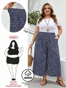 SHEIN CURVE+ Große Größen US22 Musikfestival, Strandurlaub, Boho Ditsy Blumen Weite Bein Lässig Palazzo Hose - marineblau - Übersicht 2