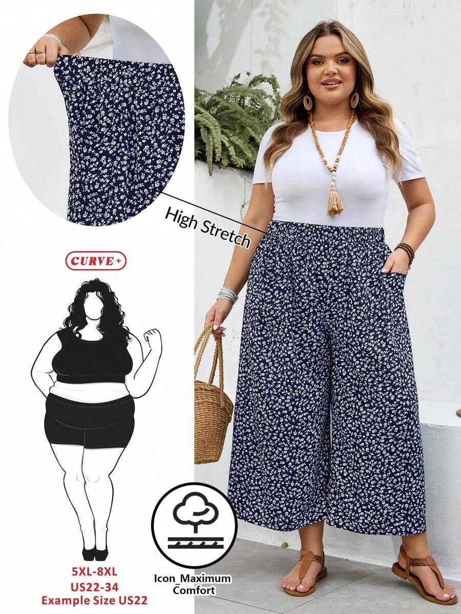 SHEIN CURVE+ Große Größen US22 Musikfestival, Strandurlaub, Boho Ditsy Blumen Weite Bein Lässig Palazzo Hose