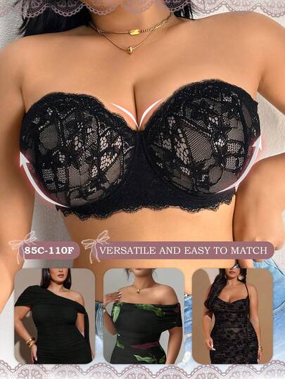 Plus Size Black Lace Wireless Sexy Bralette, Halter Neck Backless 1pc