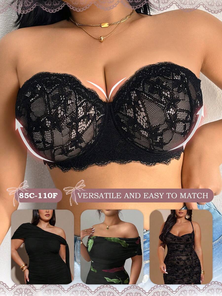 DesireSculpt Plus Size Black Lace Wireless Sexy Bralette, Halter Neck Backless 1pc - Black - View 1
