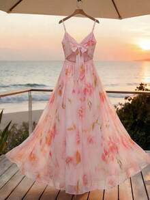 SHEIN Franclia 女士夏季新款浪漫复古宫廷风海滩度假连衣裙，适合日常聚会、约会和派对，印花荷叶边下摆 - 粉色 - 查看 3