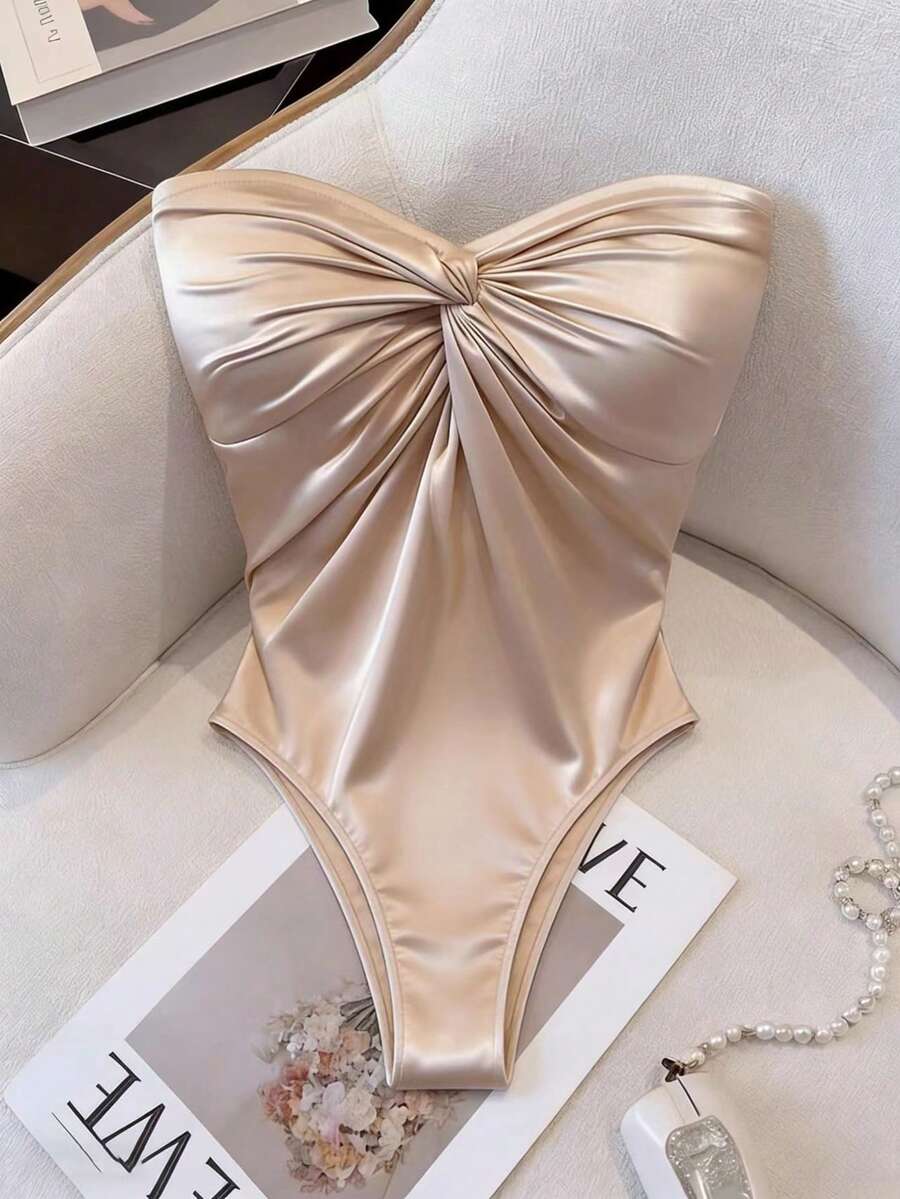 SHEIN Franclia 女士性感弹力缎面抹胸扭结连体衣，夏季连体裤，春季套装，度假连体裤，派对连体裤，沙滩套装，优雅连体裤，休闲连体裤，度假套装，夏季假日套装，Y2K风格，社交连体裤，工作套装，亮面连体衣，香槟色连体衣，缎面，性感连体衣，抹胸连体衣，扭结前襟 - 香檳色 - 查看 1