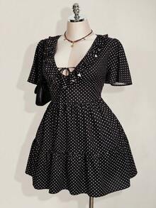 SHEIN ICON 大码女式波点系带休闲连衣裙，适合约会和外出穿着 - 黑色 - 查看 4